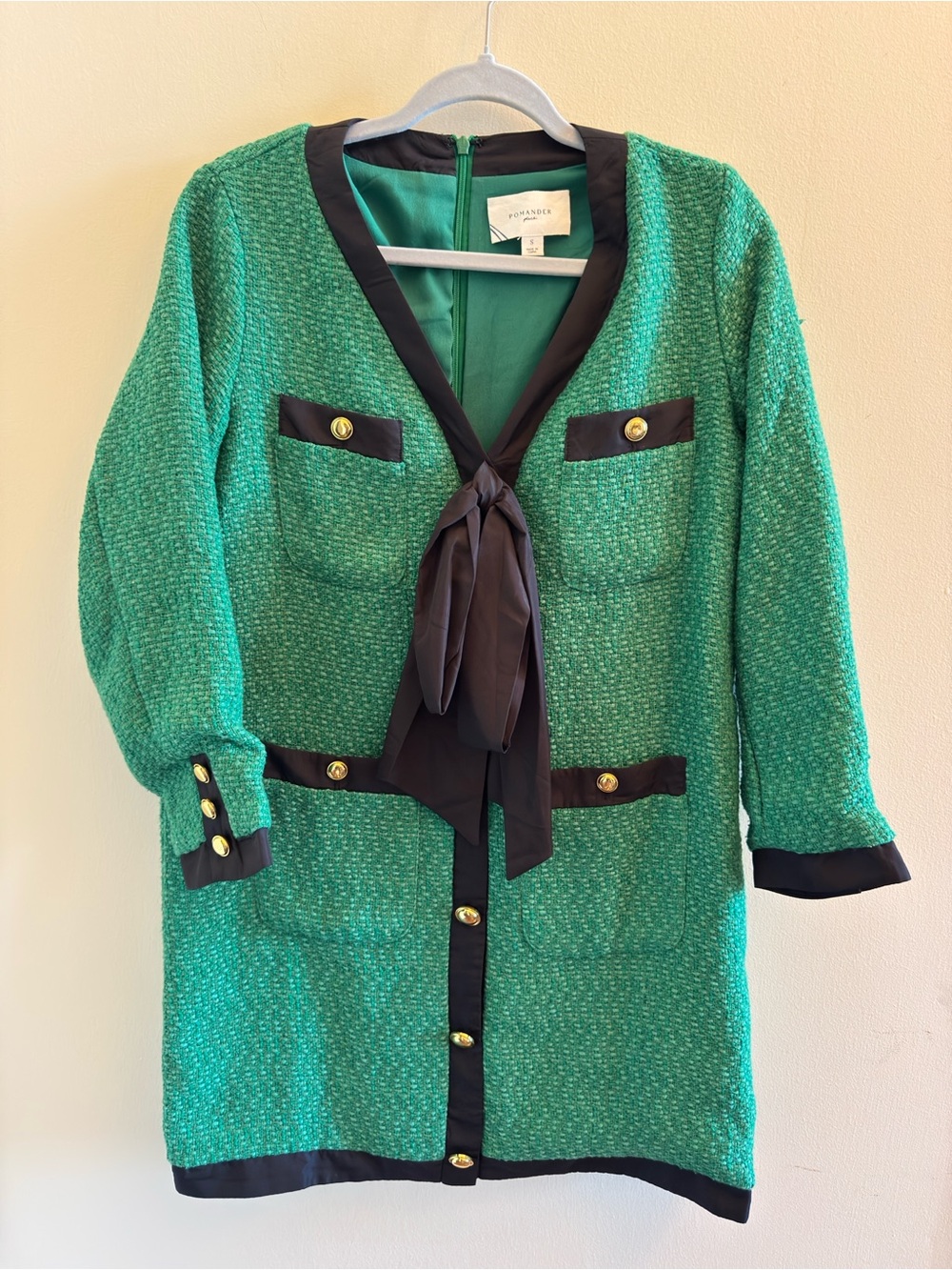 Pomander Place Green Tweed Bow Neck Gold Button Mini Dress Small